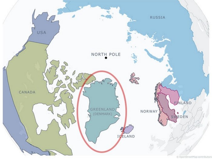 Map of the Northern Hemisphere showing location of Greenland